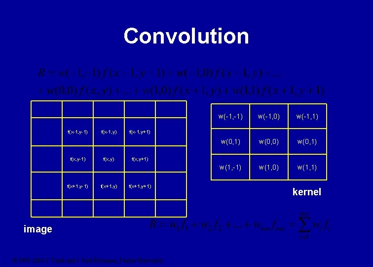 Convolution f(x-1, y-1) f(x+1, y-1) f(x-1, y) f(x+1, y) w(-1, -1) w(-1, 0) w(-1,