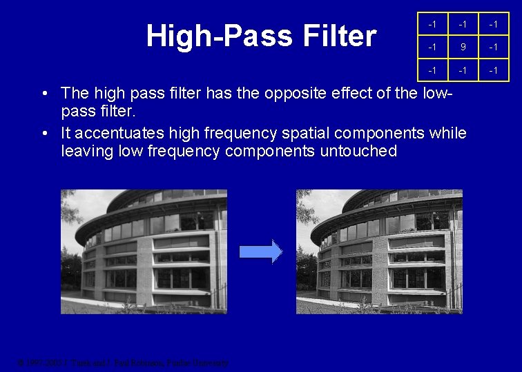 High-Pass Filter -1 -1 9 -1 -1 • The high pass filter has the