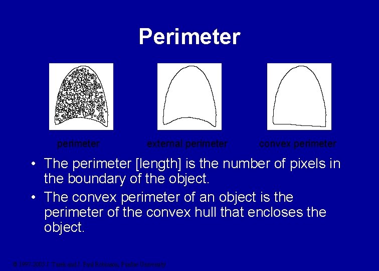 Perimeter perimeter external perimeter convex perimeter • The perimeter [length] is the number of