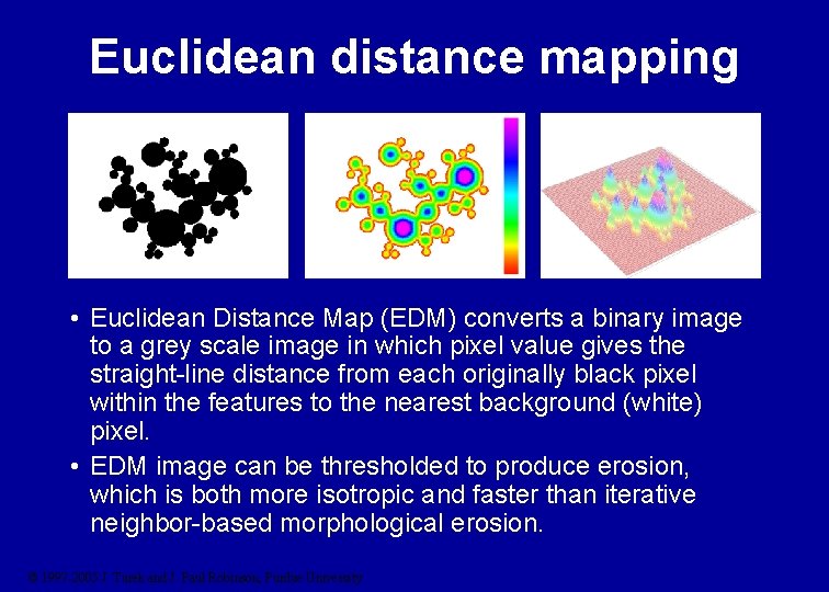 Euclidean distance mapping • Euclidean Distance Map (EDM) converts a binary image to a