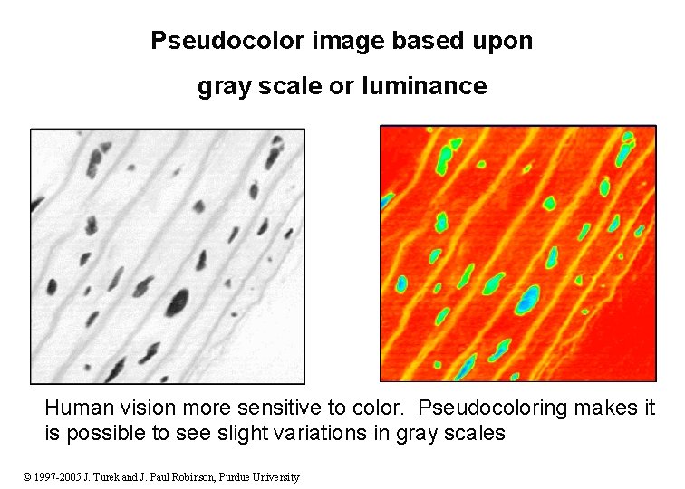 Pseudocolor image based upon gray scale or luminance Human vision more sensitive to color.