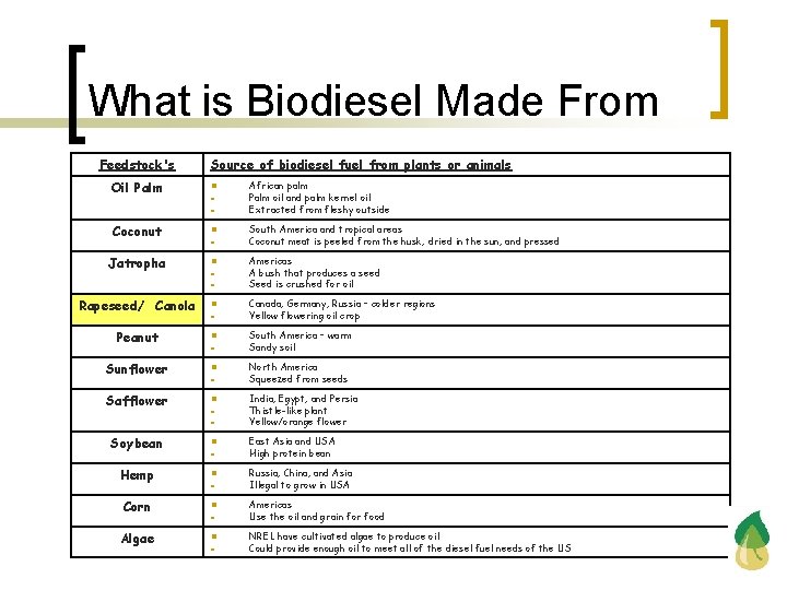 What is Biodiesel Made From Feedstock's Oil Palm Source of biodiesel fuel from plants