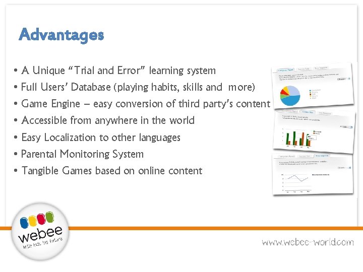 Advantages • A Unique “Trial and Error” learning system • Full Users’ Database (playing