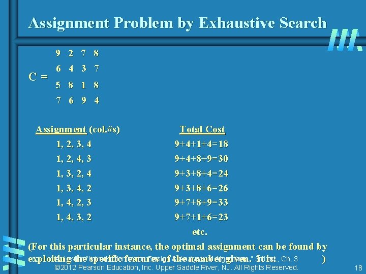 Assignment Problem by Exhaustive Search C= 9 2 7 8 6 4 3 7