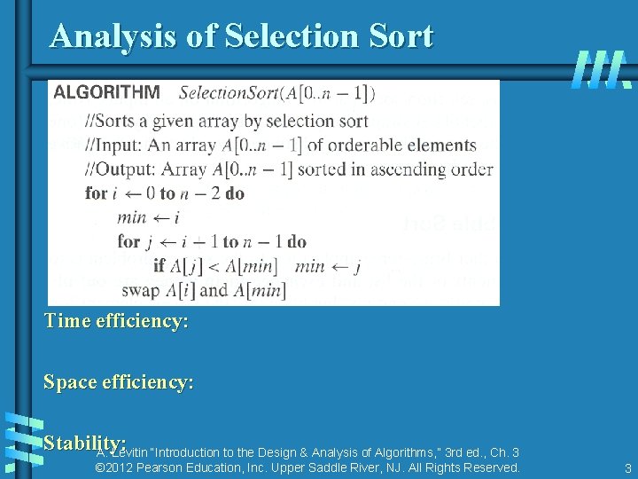Analysis of Selection Sort Time efficiency: Space efficiency: Stability: A. Levitin “Introduction to the