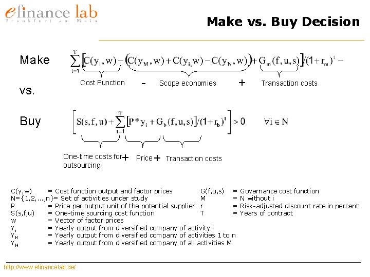 Make vs. Buy Decision Make Cost Function vs. - Scope economies + Transaction costs