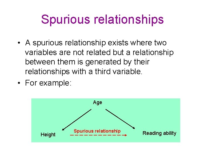 Spurious relationships • A spurious relationship exists where two variables are not related but