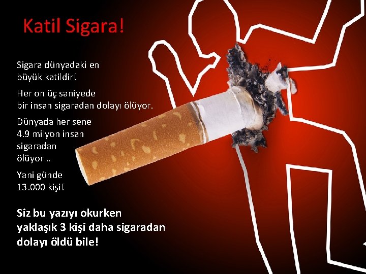 Katil Sigara! Sigara dünyadaki en büyük katildir! Her on üç saniyede bir insan sigaradan