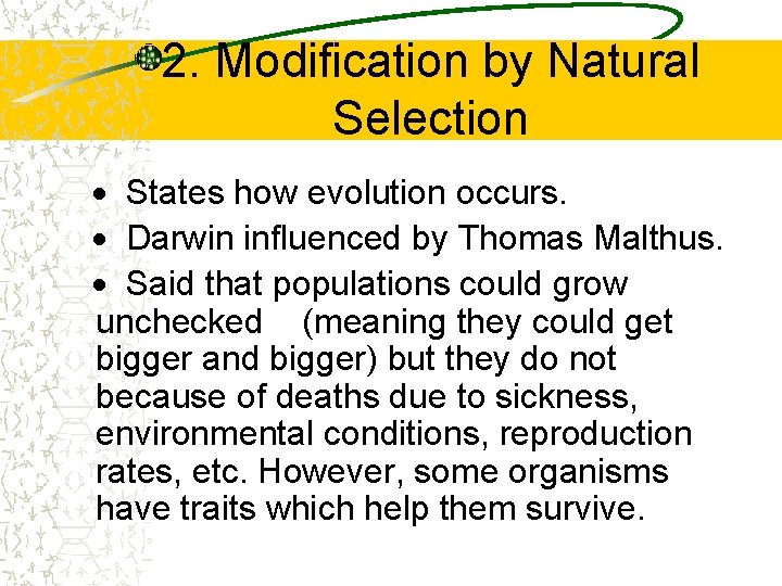 2. Modification by Natural Selection · States how evolution occurs. · Darwin influenced by