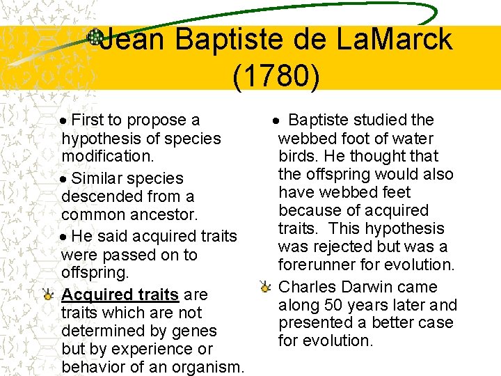 Jean Baptiste de La. Marck (1780) · First to propose a hypothesis of species