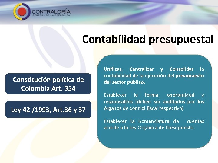 Contabilidad presupuestal Constitución política de Colombia Art. 354 Ley 42 /1993, Art. 36 y