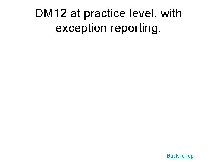 DM 12 at practice level, with exception reporting. Back to top 