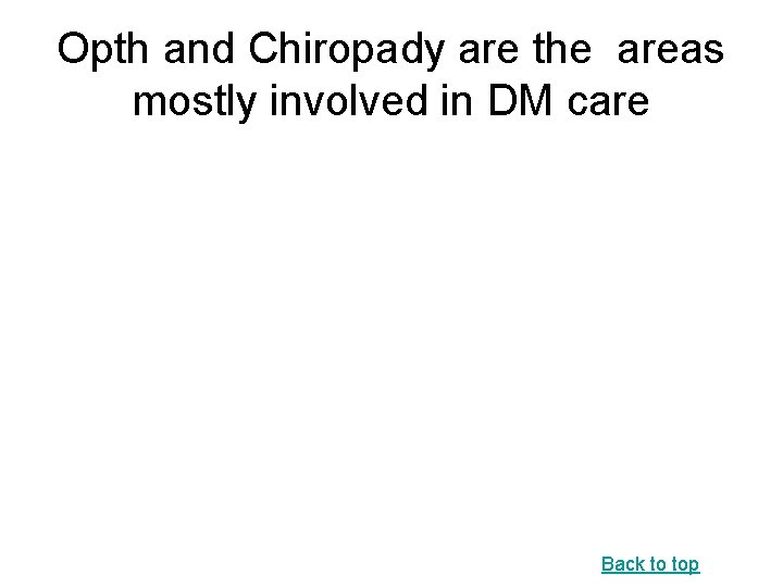 Opth and Chiropady are the areas mostly involved in DM care Back to top