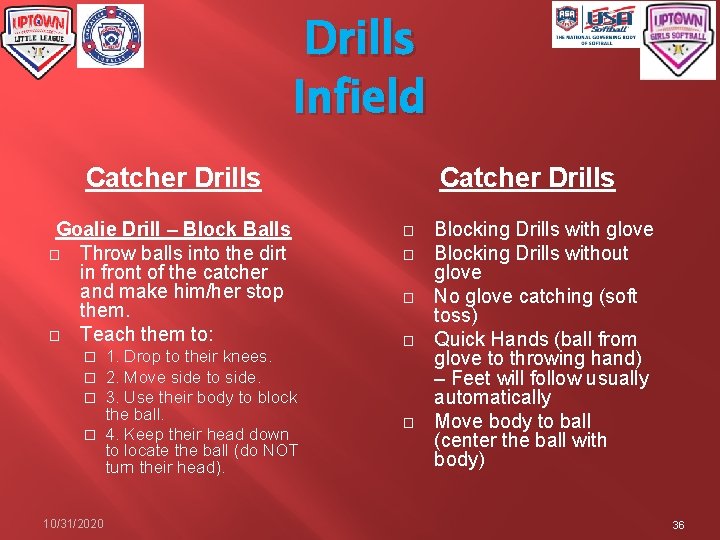 Drills Infield Catcher Drills Goalie Drill – Block Balls � Throw balls into the