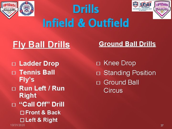 Drills Infield & Outfield Fly Ball Drills � � Ladder Drop Tennis Ball Fly’s