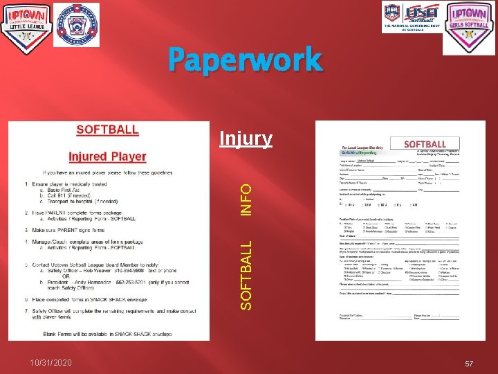 Paperwork SOFTBALL INFO Injury 10/31/2020 57 
