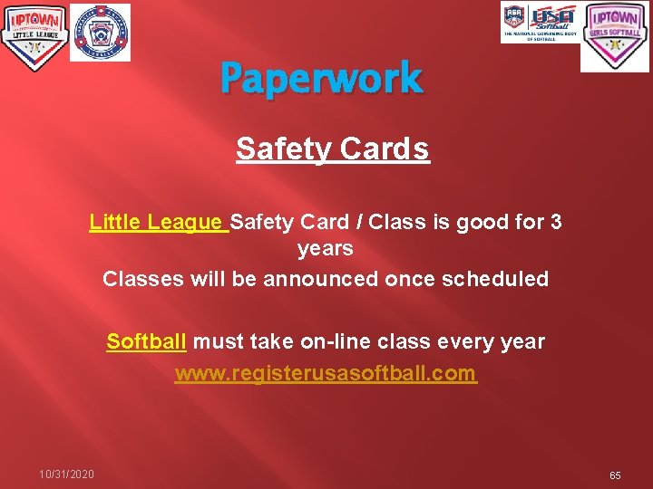 Paperwork Safety Cards Little League Safety Card / Class is good for 3 years