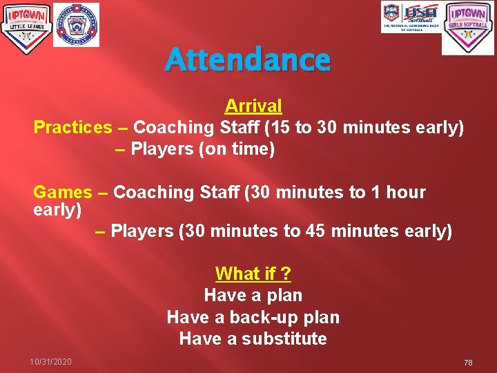 Attendance Arrival Practices – Coaching Staff (15 to 30 minutes early) – Players (on