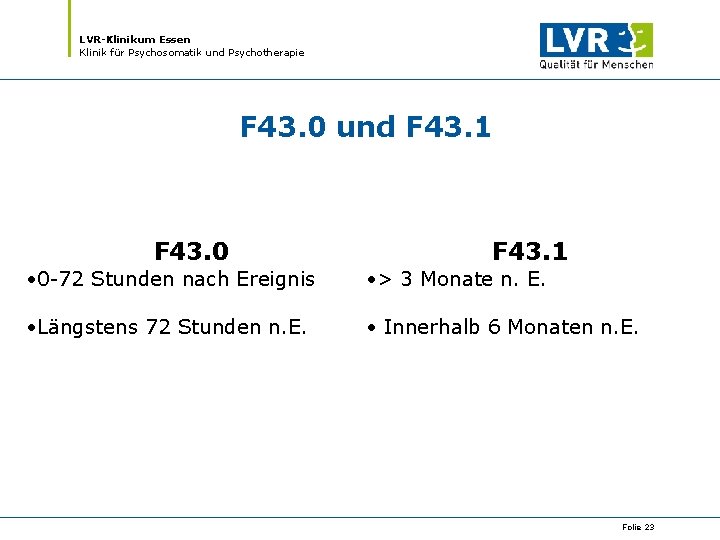 LVR-Klinikum Essen Klinik für Psychosomatik und Psychotherapie F 43. 0 und F 43. 1