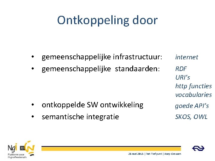 Ontkoppeling door • gemeenschappelijke infrastructuur: • gemeenschappelijke standaarden: internet • ontkoppelde SW ontwikkeling •