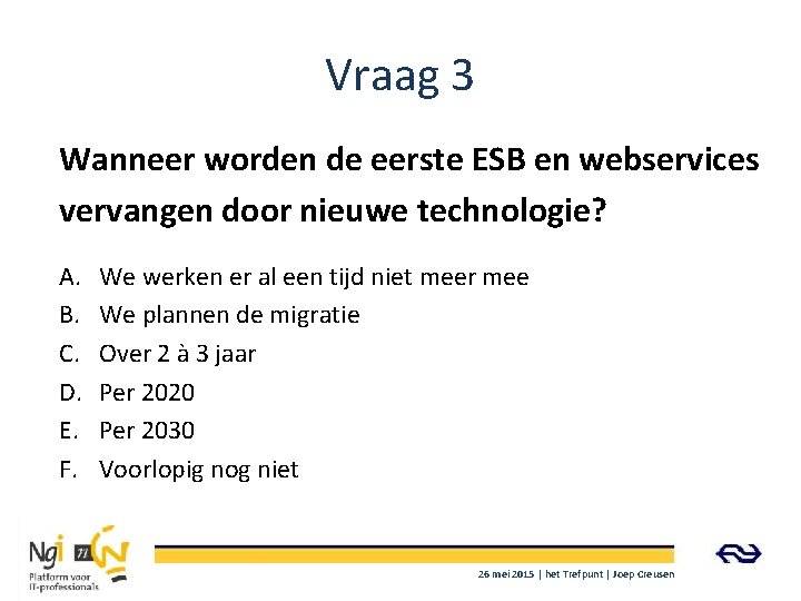 Vraag 3 Wanneer worden de eerste ESB en webservices vervangen door nieuwe technologie? A.