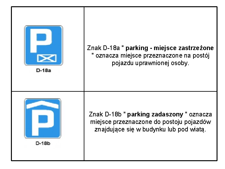 Znak D-18 a " parking - miejsce zastrzeżone " oznacza miejsce przeznaczone na postój