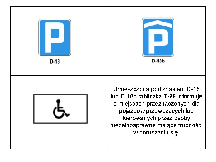 Umieszczona pod znakiem D-18 lub D-18 b tabliczka T-29 informuje o miejscach przeznaczonych dla