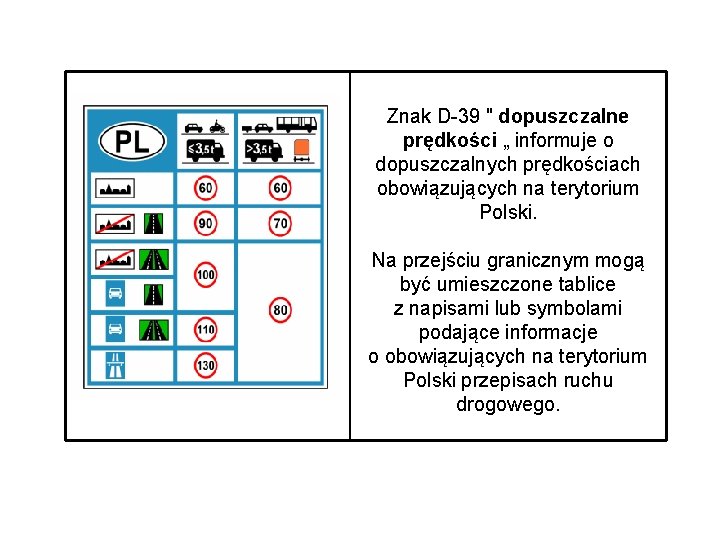 Znak D-39 " dopuszczalne prędkości „ informuje o dopuszczalnych prędkościach obowiązujących na terytorium Polski.