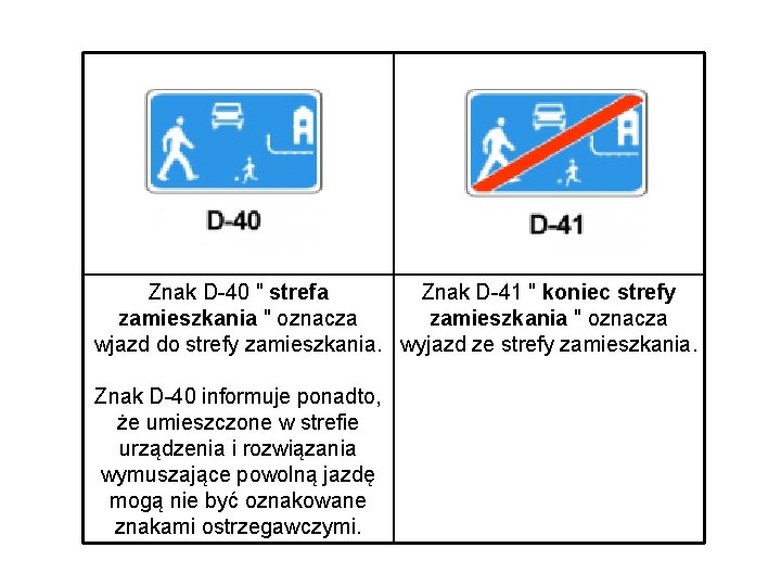 Znak D-40 " strefa Znak D-41 " koniec strefy zamieszkania " oznacza wjazd do