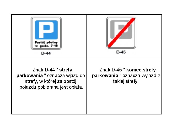 Znak D-44 " strefa parkowania " oznacza wjazd do strefy, w której za postój