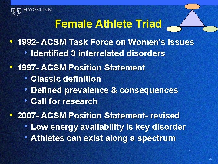 Female Athlete Triad • 1992 - ACSM Task Force on Women's Issues • Identified