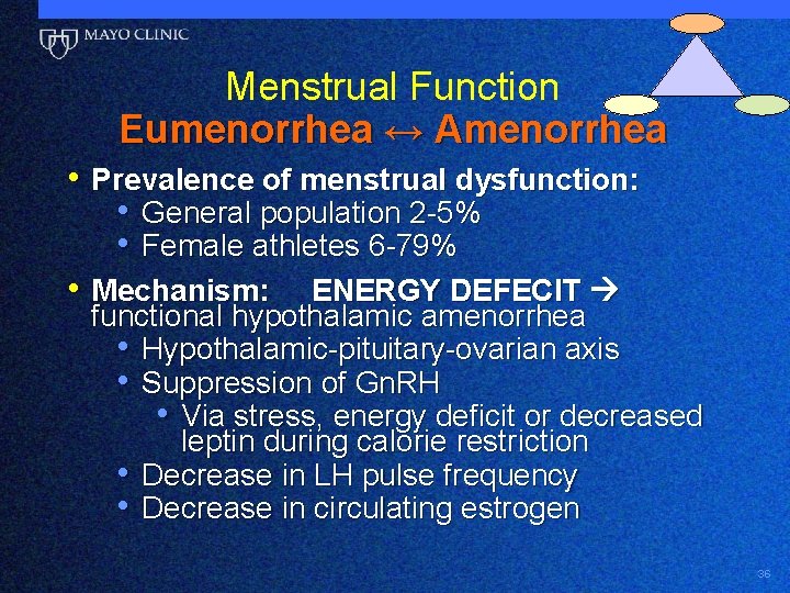 Menstrual Function Eumenorrhea ↔ Amenorrhea • Prevalence of menstrual dysfunction: • General population 2
