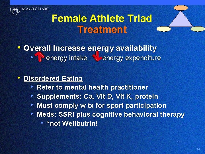 Female Athlete Triad Treatment • Overall Increase energy availability • energy intake energy expenditure