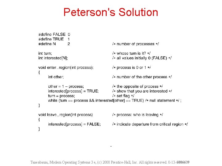Peterson's Solution . Tanenbaum, Modern Operating Systems 3 e, (c) 2008 Prentice-Hall, Inc. All