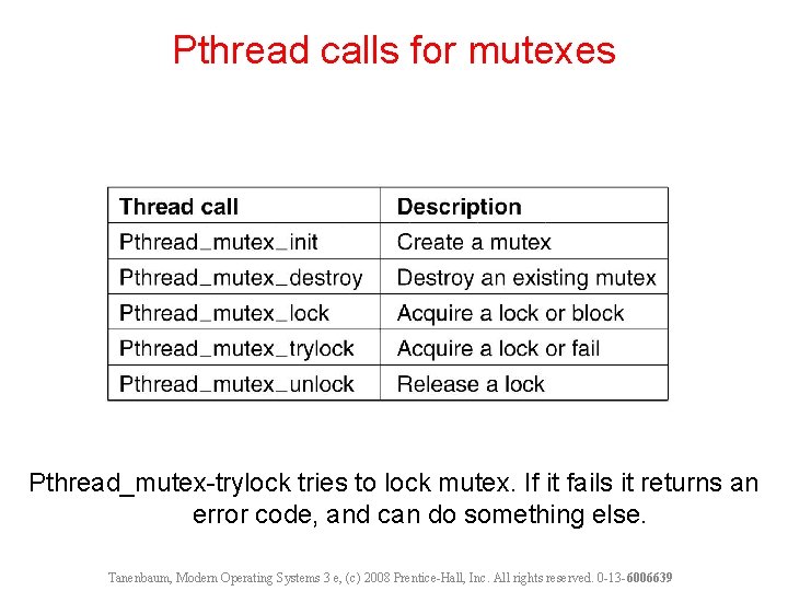 Pthread calls for mutexes Pthread_mutex-trylock tries to lock mutex. If it fails it returns