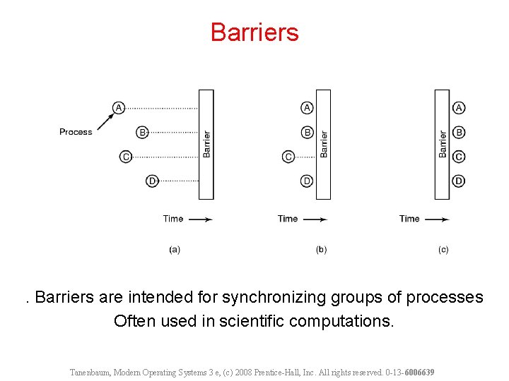 Barriers are intended for synchronizing groups of processes Often used in scientific computations. Tanenbaum,