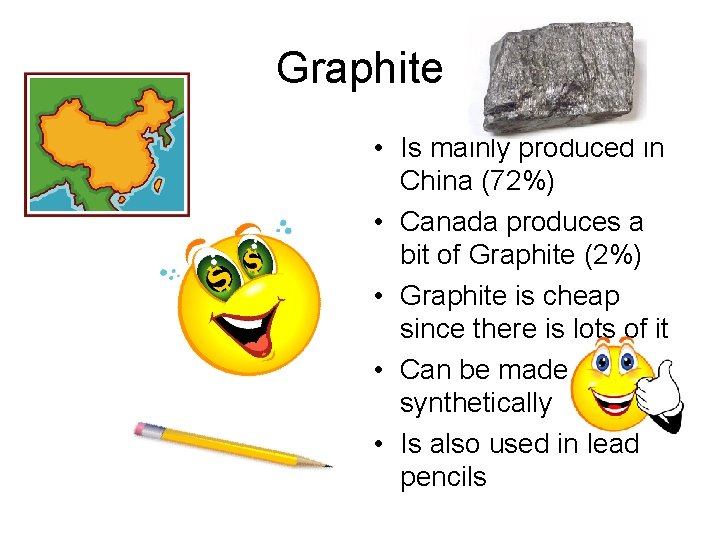 Graphite • Is mainly produced in China (72%) • Canada produces a bit of