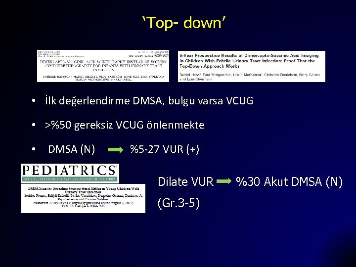 ‘Top- down’ • İlk değerlendirme DMSA, bulgu varsa VCUG • >%50 gereksiz VCUG önlenmekte