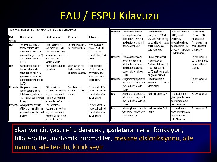 EAU / ESPU Kılavuzu Skar varlığı, yaş, reflü derecesi, ipsilateral renal fonksiyon, bilateralite, anatomik
