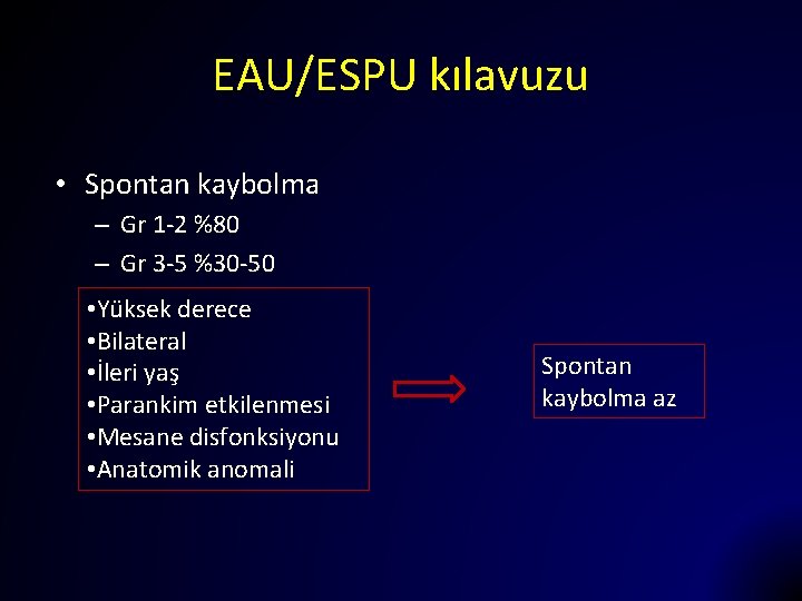 EAU/ESPU kılavuzu • Spontan kaybolma – Gr 1 -2 %80 – Gr 3 -5