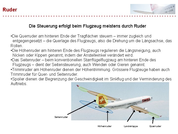 Ruder Die Steuerung erfolgt beim Flugzeug meistens durch Ruder • Die Querruder am hinteren Ruder Die Steuerung erfolgt beim Flugzeug meistens durch Ruder • Die Querruder am hinteren