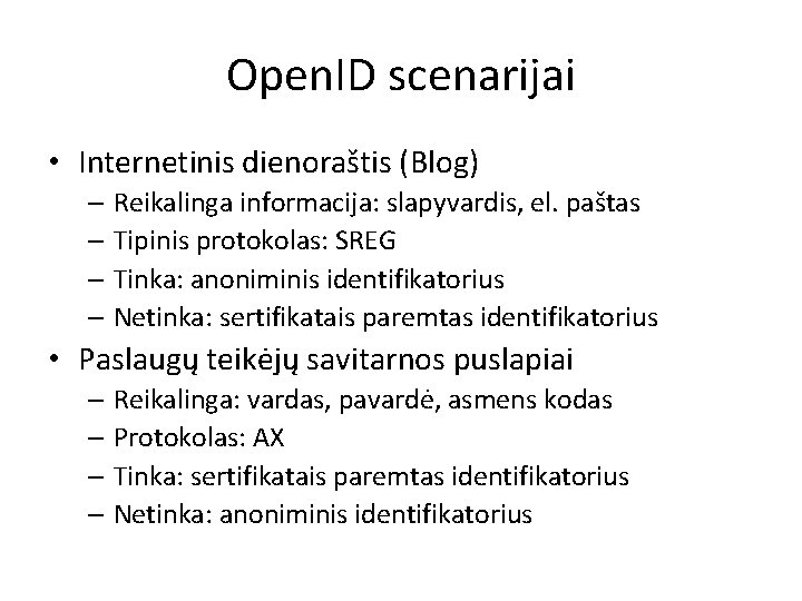 Open. ID scenarijai • Internetinis dienoraštis (Blog) – Reikalinga informacija: slapyvardis, el. paštas –