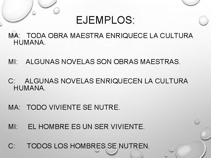 EJEMPLOS: MA: TODA OBRA MAESTRA ENRIQUECE LA CULTURA HUMANA. MI: ALGUNAS NOVELAS SON OBRAS