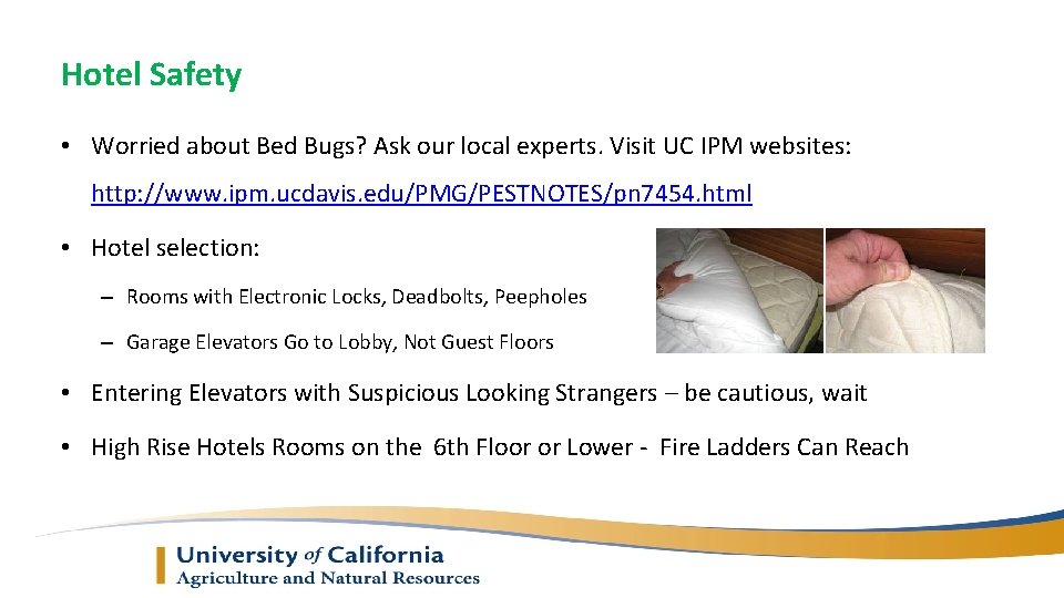 Hotel Safety • Worried about Bed Bugs? Ask our local experts. Visit UC IPM