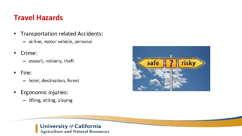 Travel Hazards • Transportation related Accidents: – airline, motor vehicle, personal • Crime: –