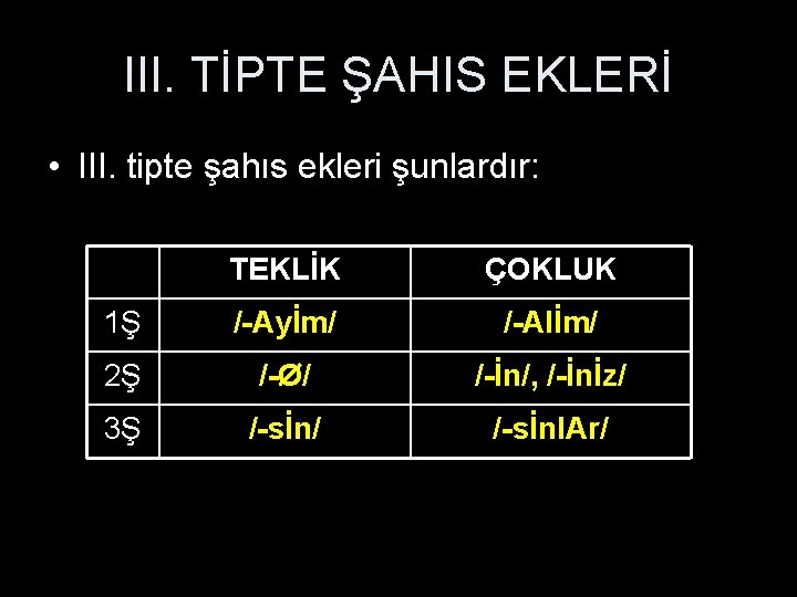 III. TİPTE ŞAHIS EKLERİ • III. tipte şahıs ekleri şunlardır: TEKLİK ÇOKLUK 1Ş /-Ayİm/