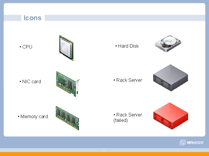 Icons • Hard Disk • CPU • Rack Server • NIC card • Rack
