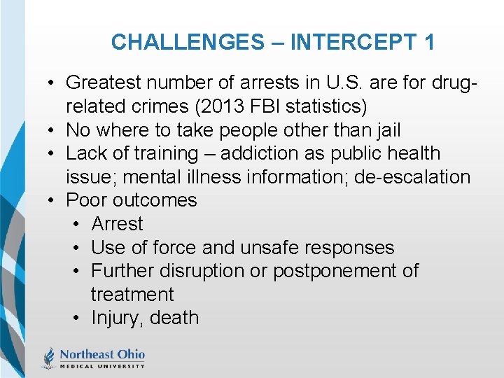 CHALLENGES – INTERCEPT 1 • Greatest number of arrests in U. S. are for