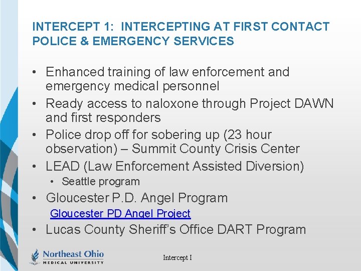 INTERCEPT 1: INTERCEPTING AT FIRST CONTACT POLICE & EMERGENCY SERVICES • Enhanced training of