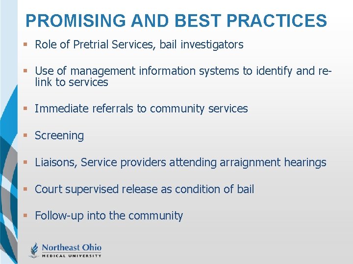 PROMISING AND BEST PRACTICES § Role of Pretrial Services, bail investigators § Use of